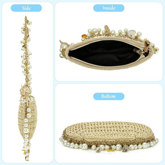 Straw Beach Clutch Purse Pearl Shell Decor Summer Wedding Vacation Bag main image 4